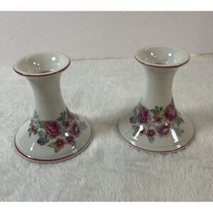 Vintage Elizabeth Arden Exclusive White Pink Floral Candlestick Holder Pair